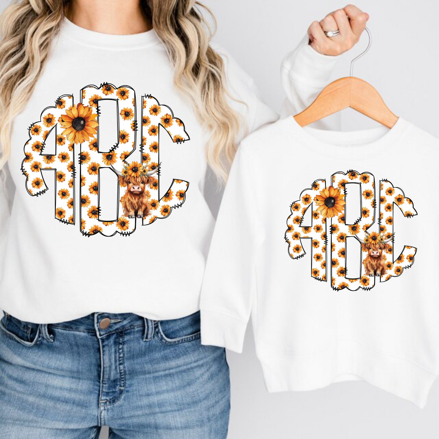 Highland Cows and Sunflowers Monogram Short Sleeve T-Shirt