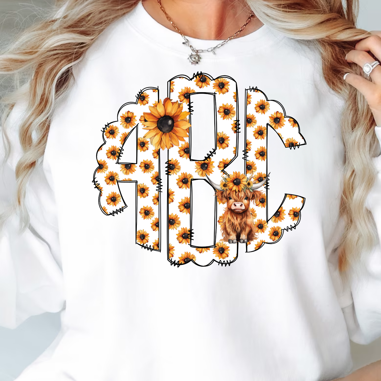 Highland Cows and Sunflowers Monogram Short Sleeve T-Shirt