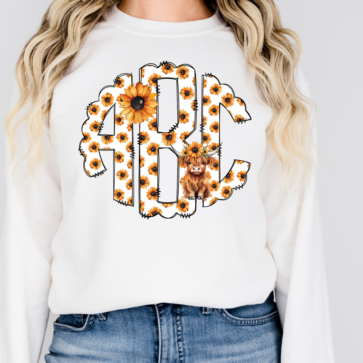 Highland Cows and Sunflowers Monogram Short Sleeve T-Shirt