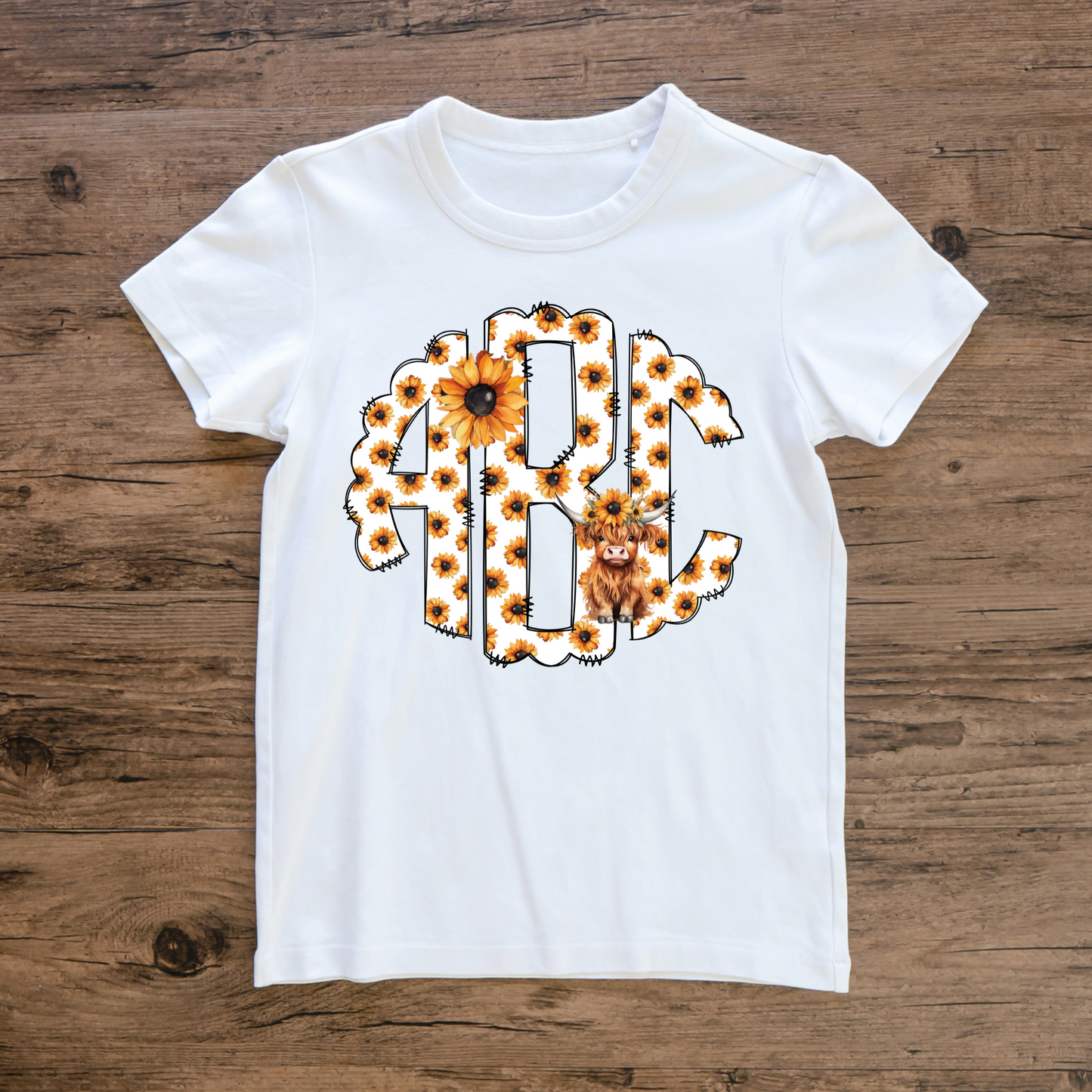 Highland Cows and Sunflowers Monogram Short Sleeve T-Shirt