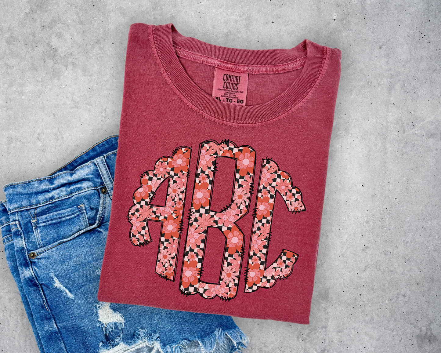 Coral Flowers and Checkered Scalloped Monogram Short Sleeve T-Shirt