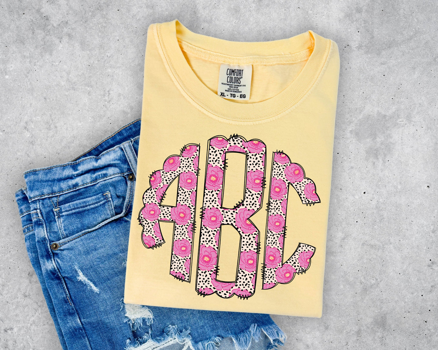 Dalmatian with Pink Flowers Scalloped Monogram Short Sleeve T-Shirt