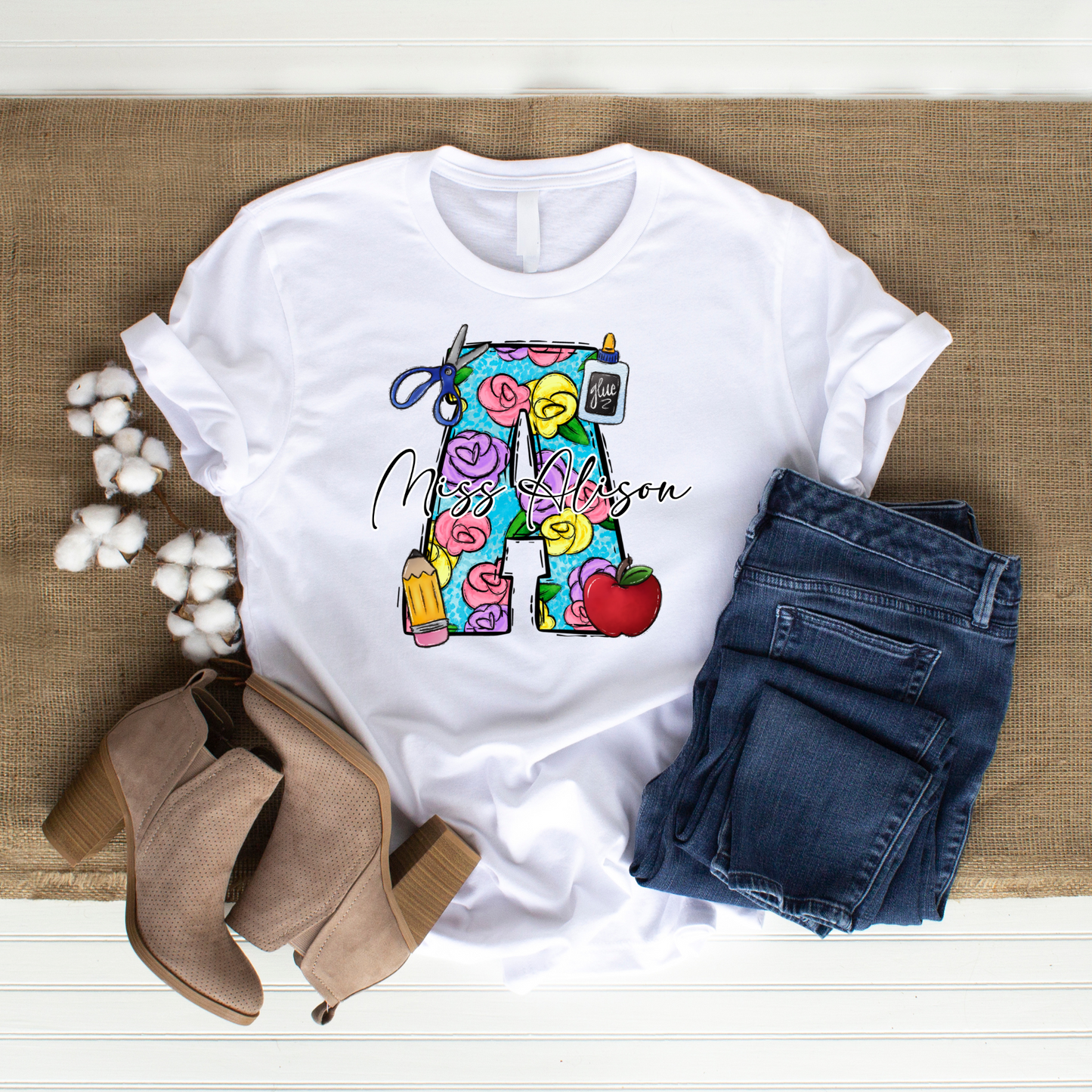 Personalized School Supply Letter Short Sleeve T-Shirt