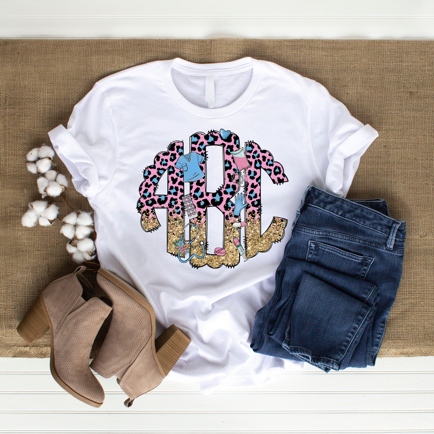 Leopard Nurse Monogram Short Sleeve T-Shirt