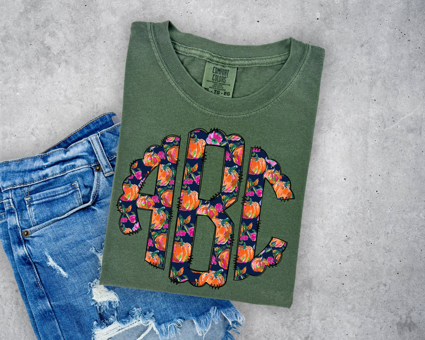 Preppy Floral Pumpkin Scalloped Monogram Short Sleeve T-Shirt
