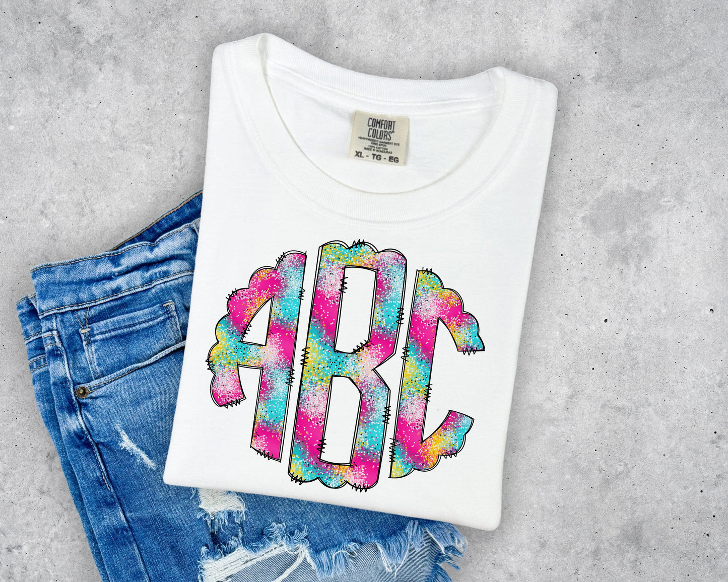 Multi Color Glitter Monogram Short Sleeve T-Shirt