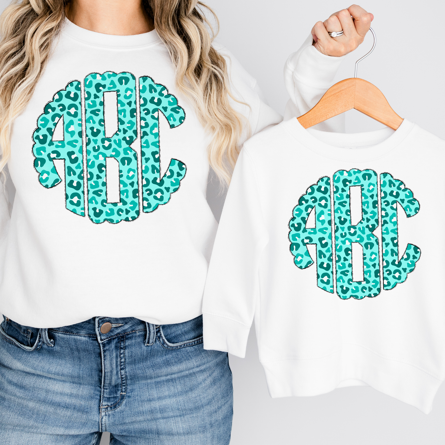 Teal Blue Leopard Monogram Short Sleeve T-Shirt