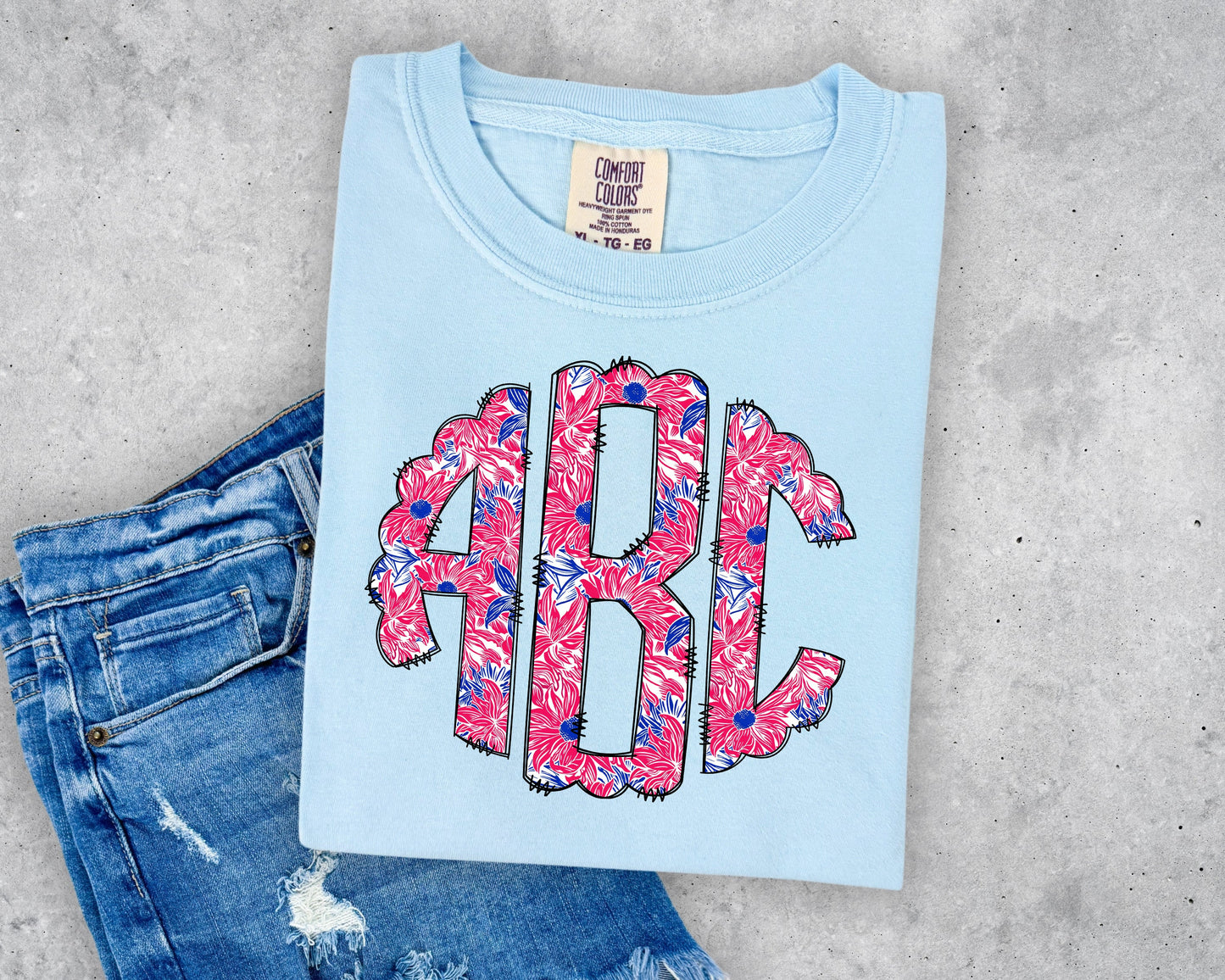 RWB Preppy Flowers Scalloped Monogram Short Sleeve T-Shirt