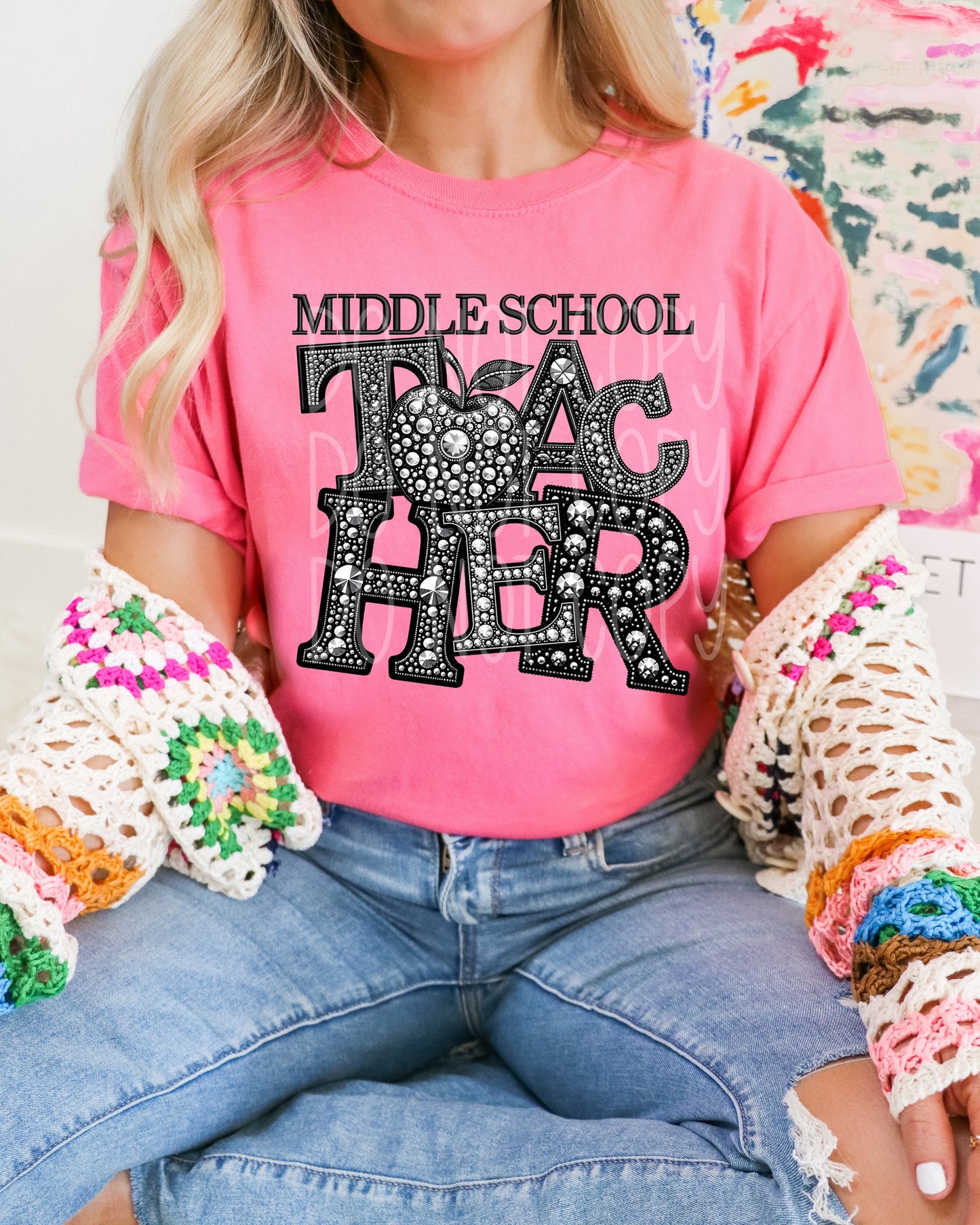 Rhinestone Middle School Teacher Short Sleeve T-Shirt