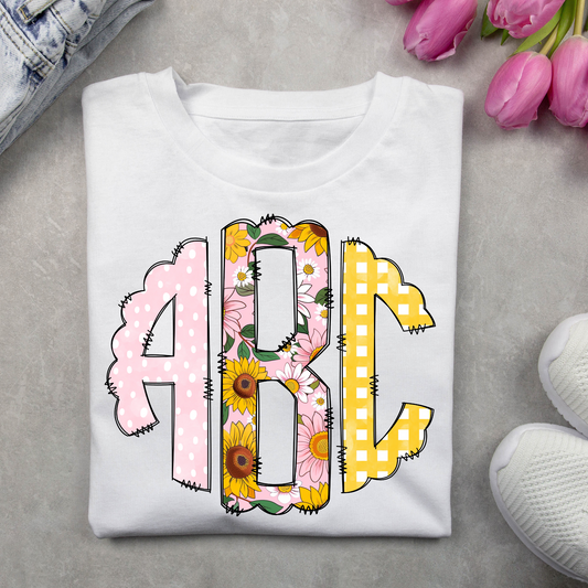 KIDS Spring Floral Sunflower Plaid BOHO with Dots Monogram Short Sleeve T-Shirt