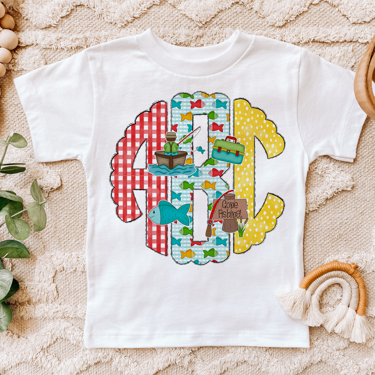 KIDS Fishing Monogram with Clipart Monogram Short Sleeve T-Shirt