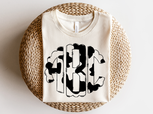 KIDS Black and White Cow Print Monogram Short Sleeve T-Shirt