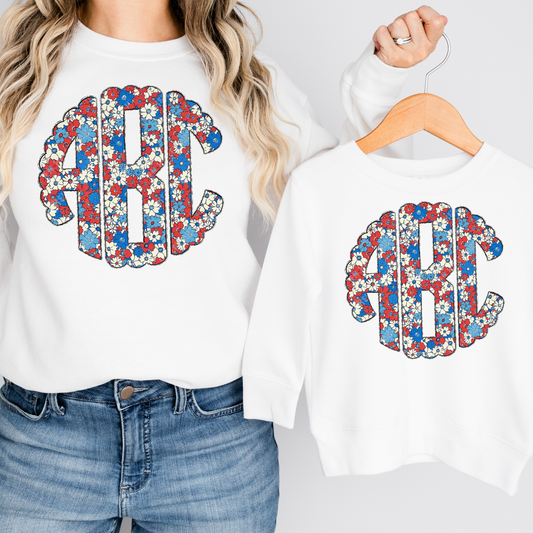 KIDS Red, White and Blue Pastel Flower Monogram Short Sleeve T-Shirt