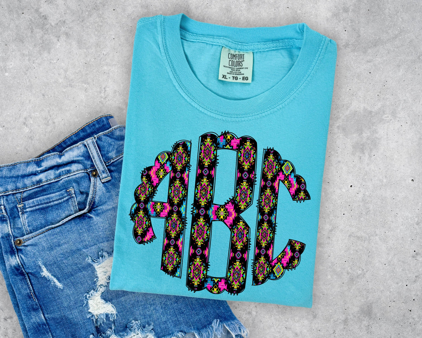Neon and Black Aztec Scalloped Monogram Short Sleeve T-Shirt