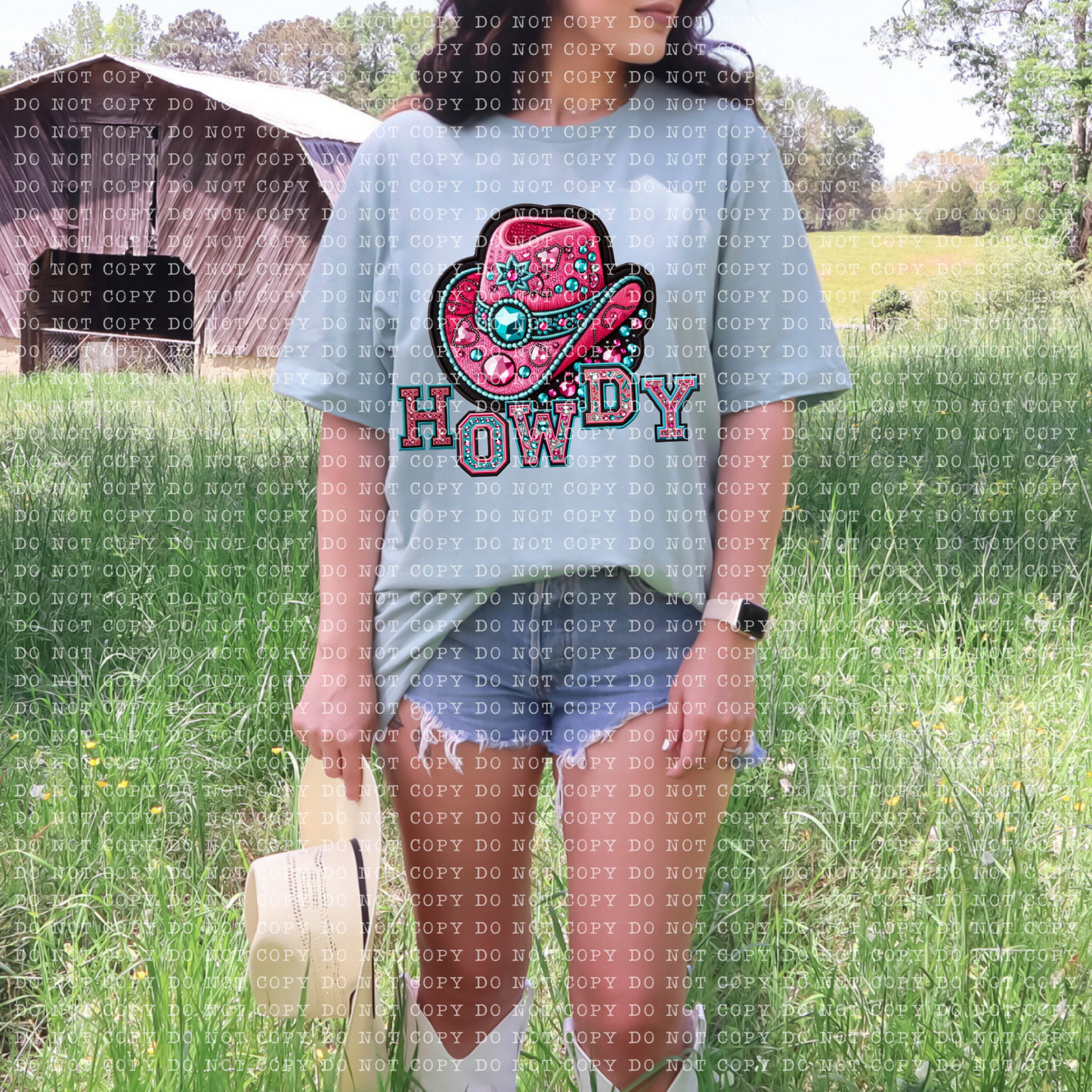 Pink and Turquoise Rhinestone Howdy Cowgirl Hat Short Sleeve T-Shirt