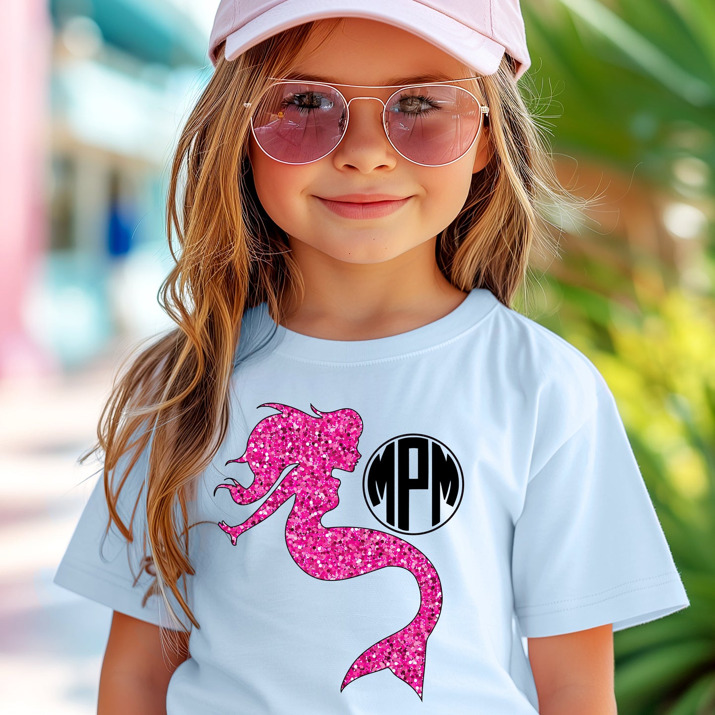 KIDS Monogram Faux Glitter Pink Mermaid Short Sleeve T-Shirt