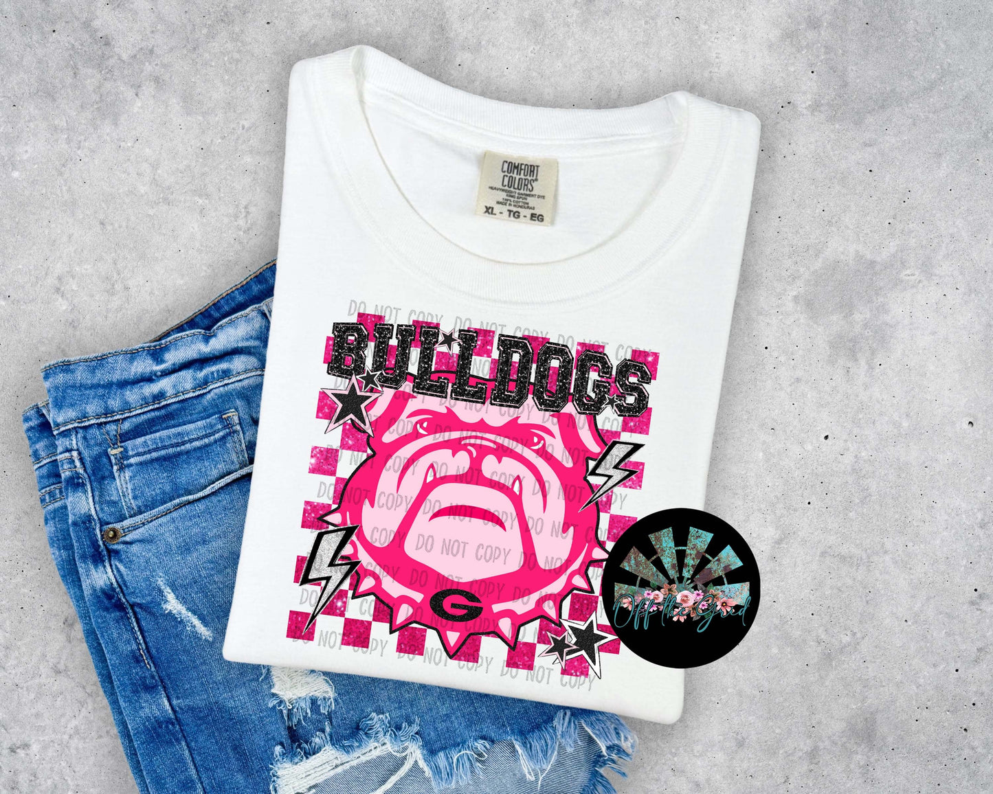 Pink Faux Glitter Preppy Checkered Pink UGA Bulldogs with Stars and Lightening Bolts T-Shirt and Sweatshirt