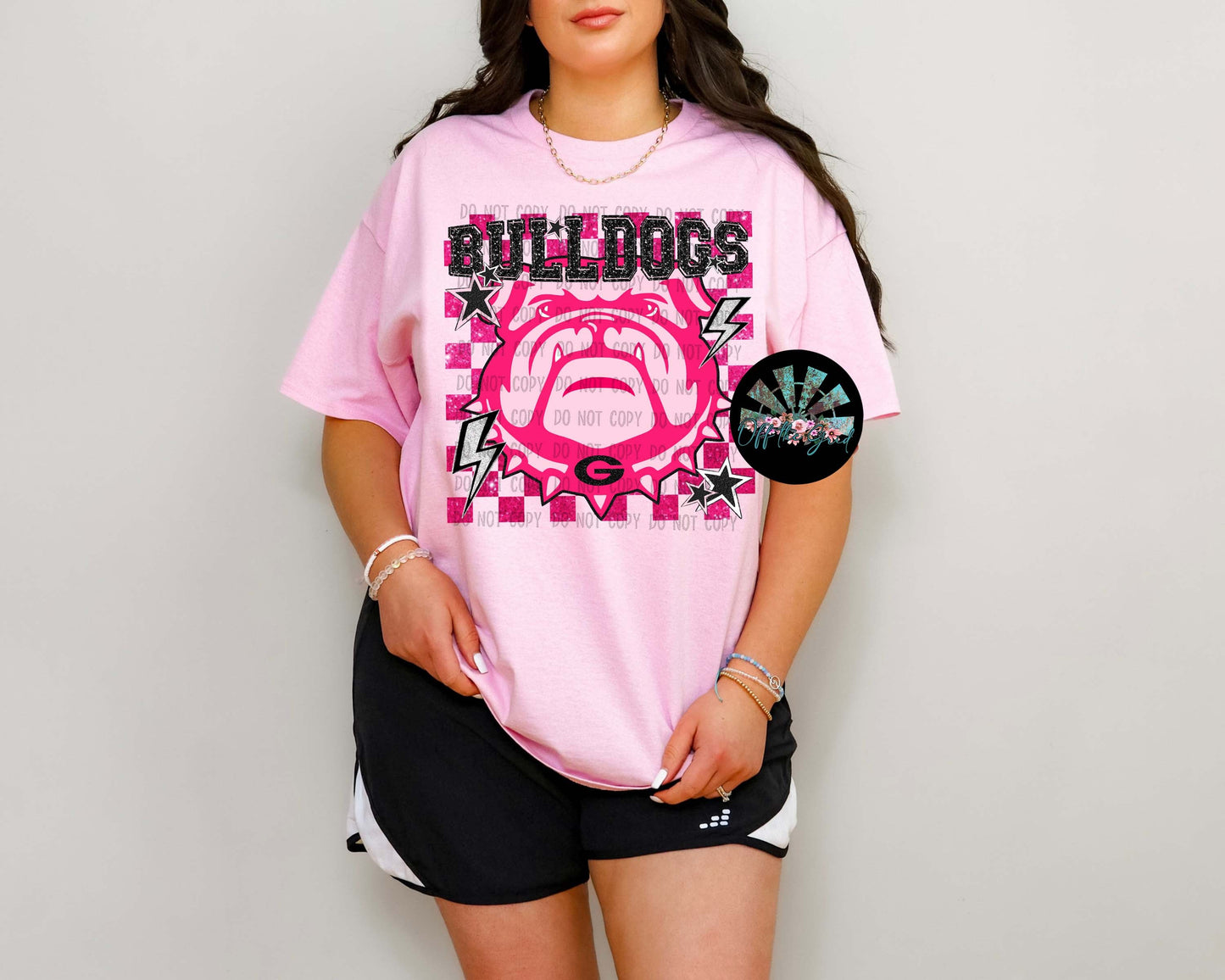 Pink Faux Glitter Preppy Checkered Pink UGA Bulldogs with Stars and Lightening Bolts T-Shirt and Sweatshirt