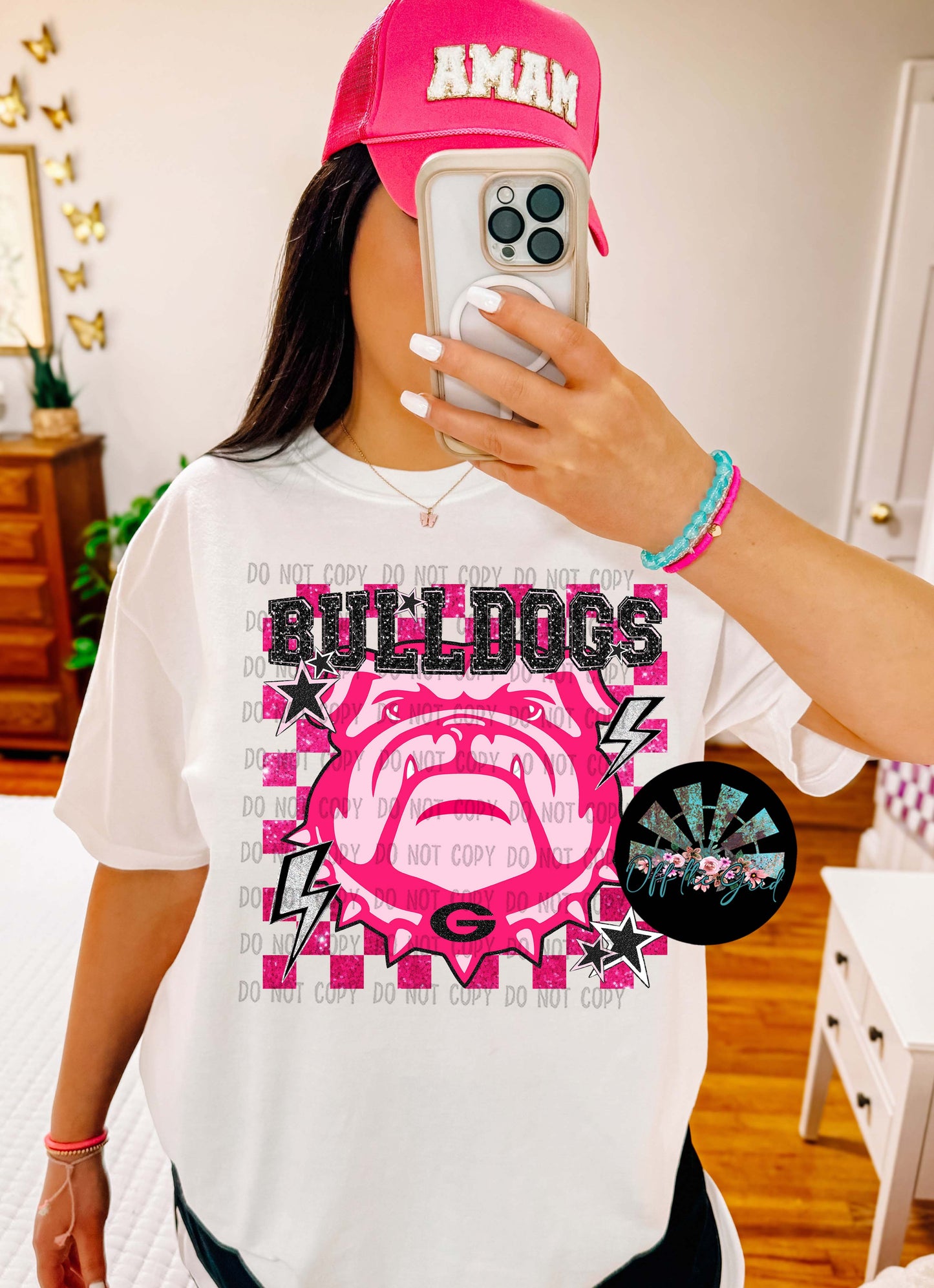 Pink Faux Glitter Preppy Checkered Pink UGA Bulldogs with Stars and Lightening Bolts T-Shirt and Sweatshirt