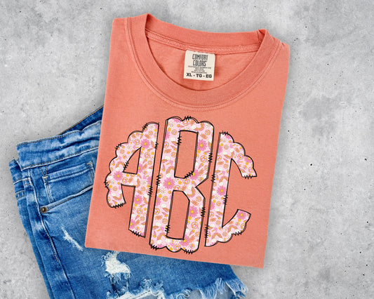 Pink Floral Disco Scalloped Monogram Short Sleeve T-Shirt