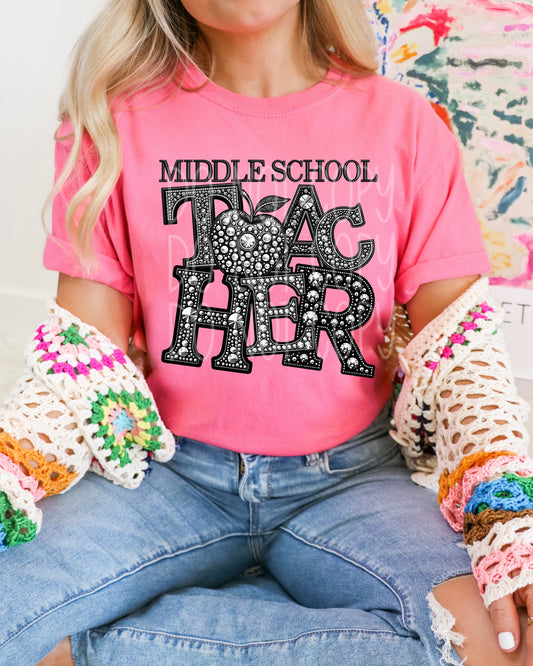 Rhinestone Middle School Teacher Short Sleeve T-Shirt