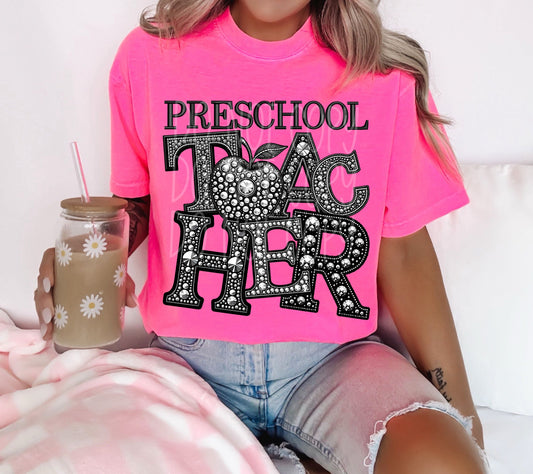 Rhinestone Preschool Teacher Short Sleeve T-Shirt